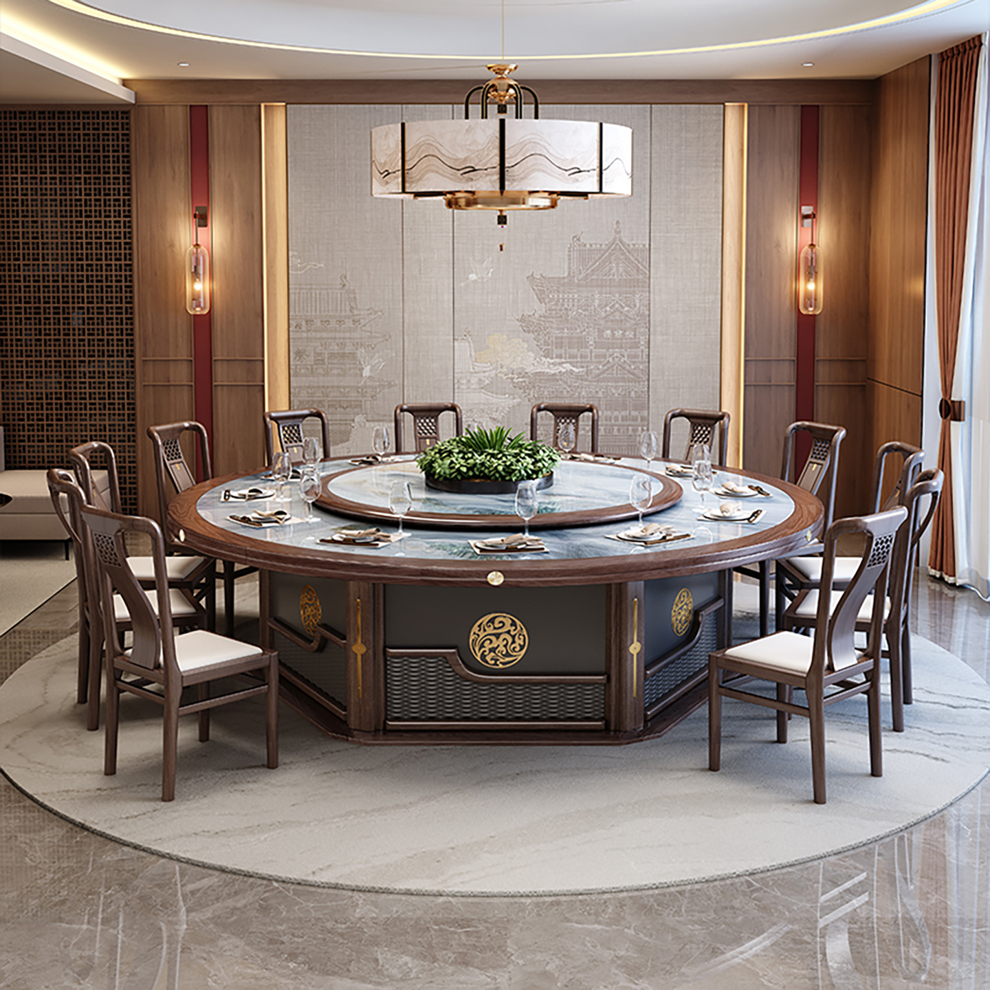 电动餐桌酒店大圆桌新中式实木岩板火锅桌子饭店会所包厢20人饭桌