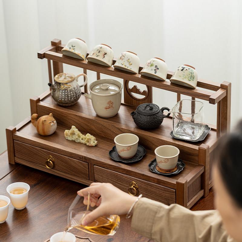 黑胡桃木置物架办公室桌面收纳博古架现代简约家具茶具架展示架