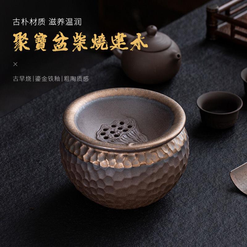 复古粗陶水盂建水茶洗桌面茶渣缸废水垃圾桶大号带盖过滤干湿分离