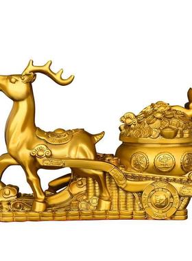 纯铜鹿摆件梅花鹿拉聚宝盆一路发财家居工艺品办公室装饰铜鹿拉车
