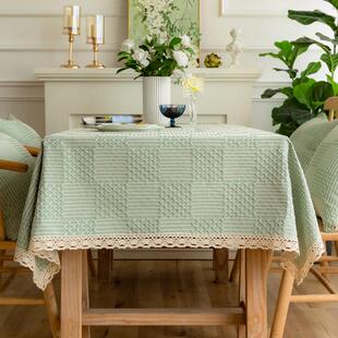 绿色桌布布艺棉麻北欧轻奢高级感长方形格子方桌网红餐桌布茶几布