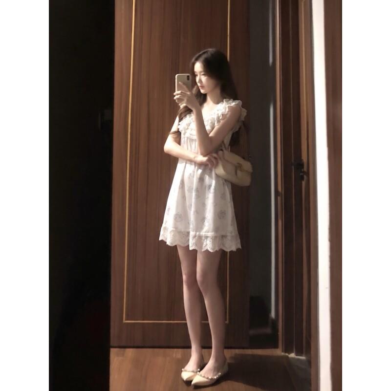 法式蕾丝花边冰丝吊带睡裙女夏季纯欲小猫印花吊带裙家居裙子