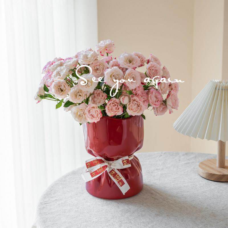 创意花束陶瓷花瓶摆件客厅插花红色小众高级感法式玫瑰餐桌装饰品