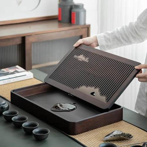 观山大号嵌入式储水蓄水茶盘家用托盘客厅小茶海盘茶盆中式干泡台