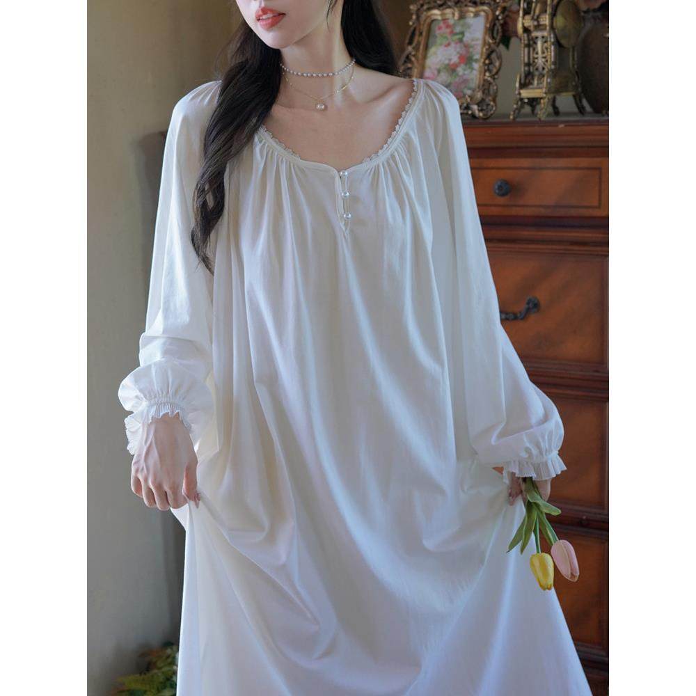 宫廷风纯棉睡裙女秋季新款长袖全棉长款家居裙覆古法式高级感睡衣