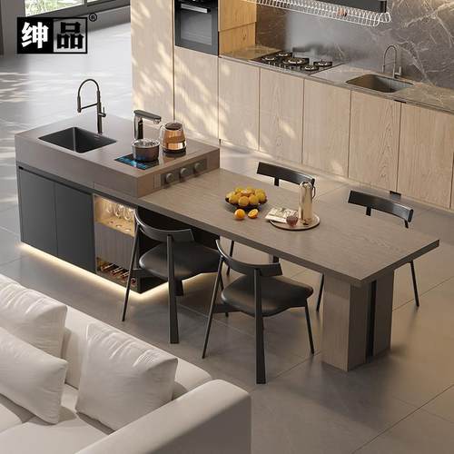 中古风岛台餐桌一体家用可伸缩2025新款岩板中岛台厨房高级感导台