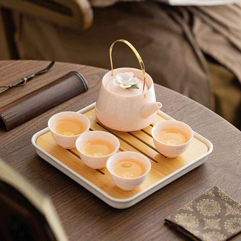 陶瓷捏花粉色功夫茶具套装家用提梁壶茶壶喝茶茶杯女生专用轻奢,餐饮具,整套茶具,淘宝优惠券,粉丝福利购,淘宝优惠卷