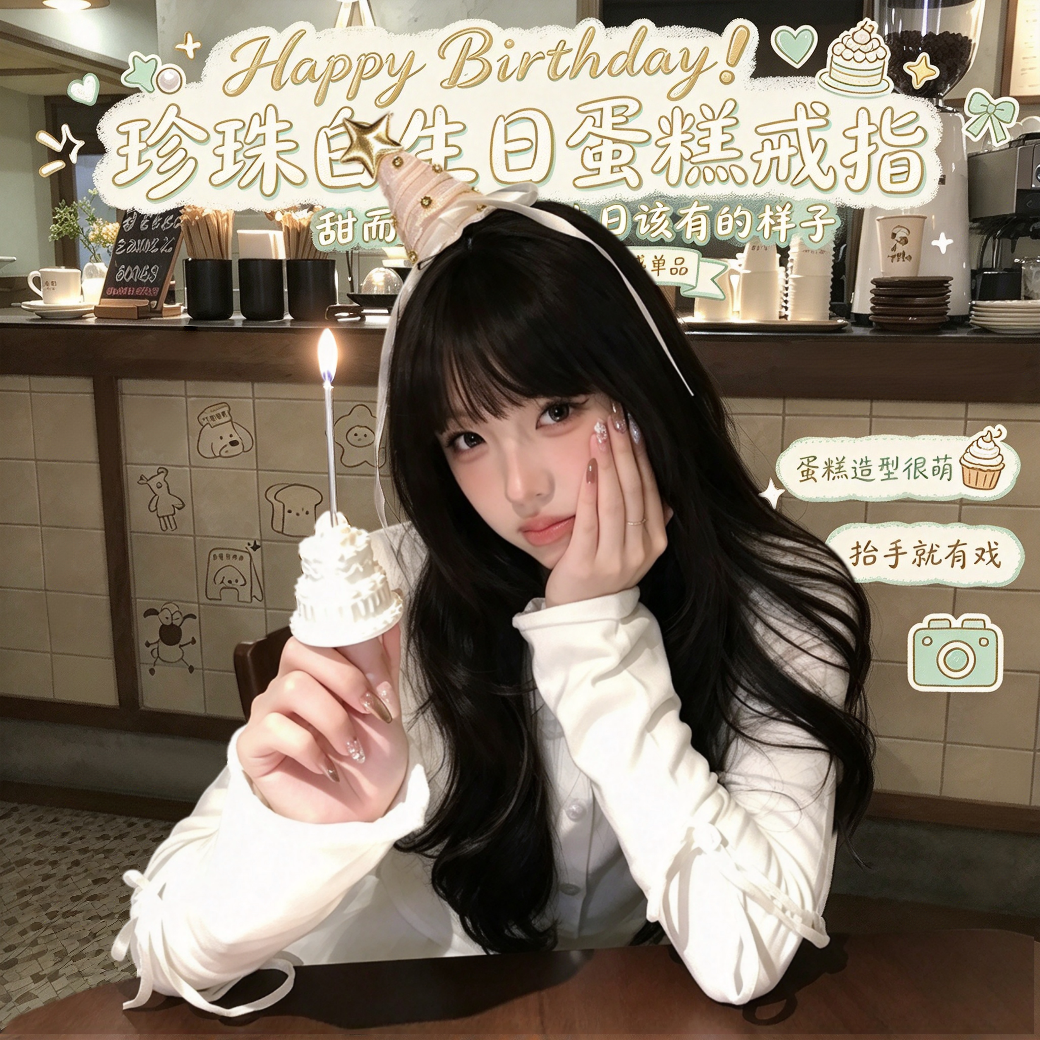 HappyBirthday！珍珠白生日蛋糕戒指可点燃指环拍照道具出片神器