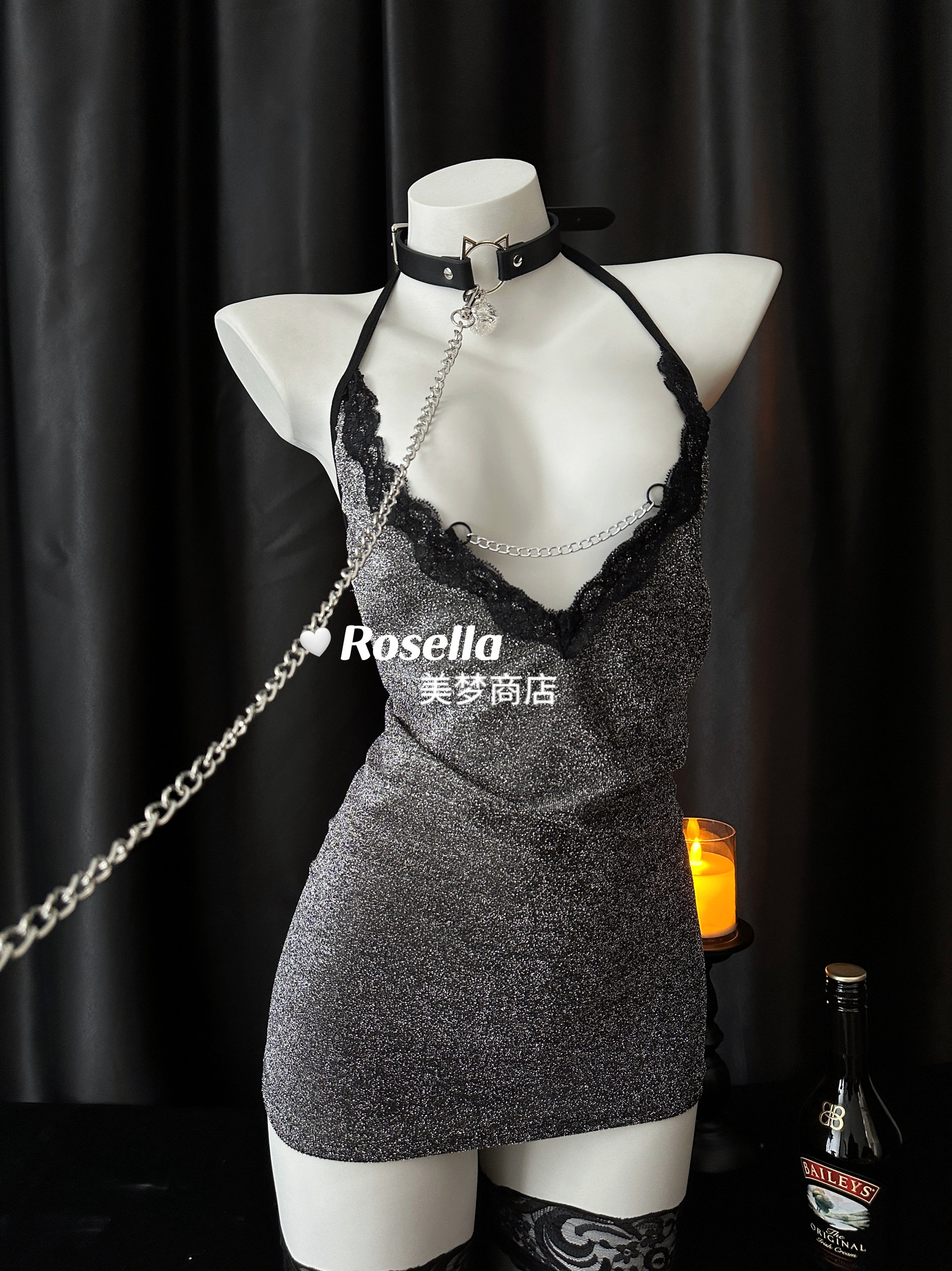 Rosella钓系御姐 性感蕾丝花边挂脖包臀裙辣妹镂空吊带裙御姐睡裙