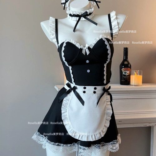 Rosella性感睡衣女纯欲女仆制服套装带胸垫小胸约会情调吊带睡裙