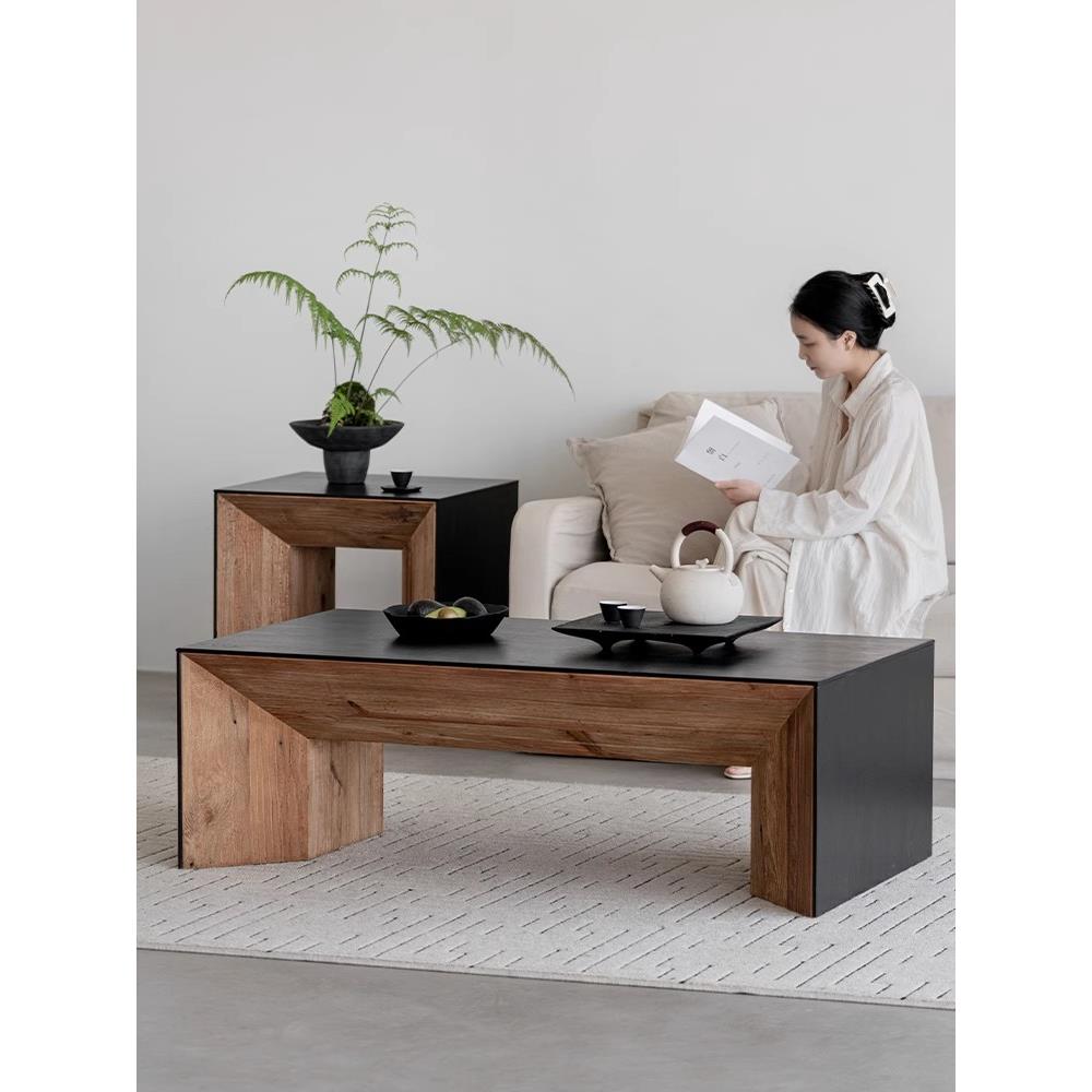 润尚家居侘寂风茶几覆古实木黑色桌子长方形矮桌日式原木极简茶桌