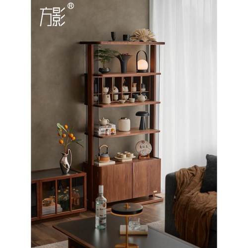 方影新中式博古架实木茶室茶具收纳柜黑胡桃木客厅置物架展示柜