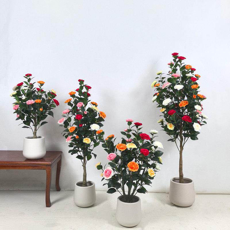 高度逼真彷真茶花树盆栽玫瑰家居装饰客厅落地绢花假花婚庆装饰品
