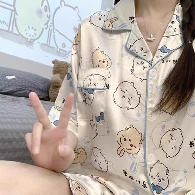 吉伊卡哇chiikawa情侣睡衣女夏款冰丝款短袖乌萨奇小八吉伊家居服