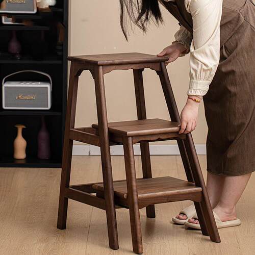 胡桃木三步梯凳榫卯家用折叠高凳爬梯多功能椅子实木梯子凳子两用
