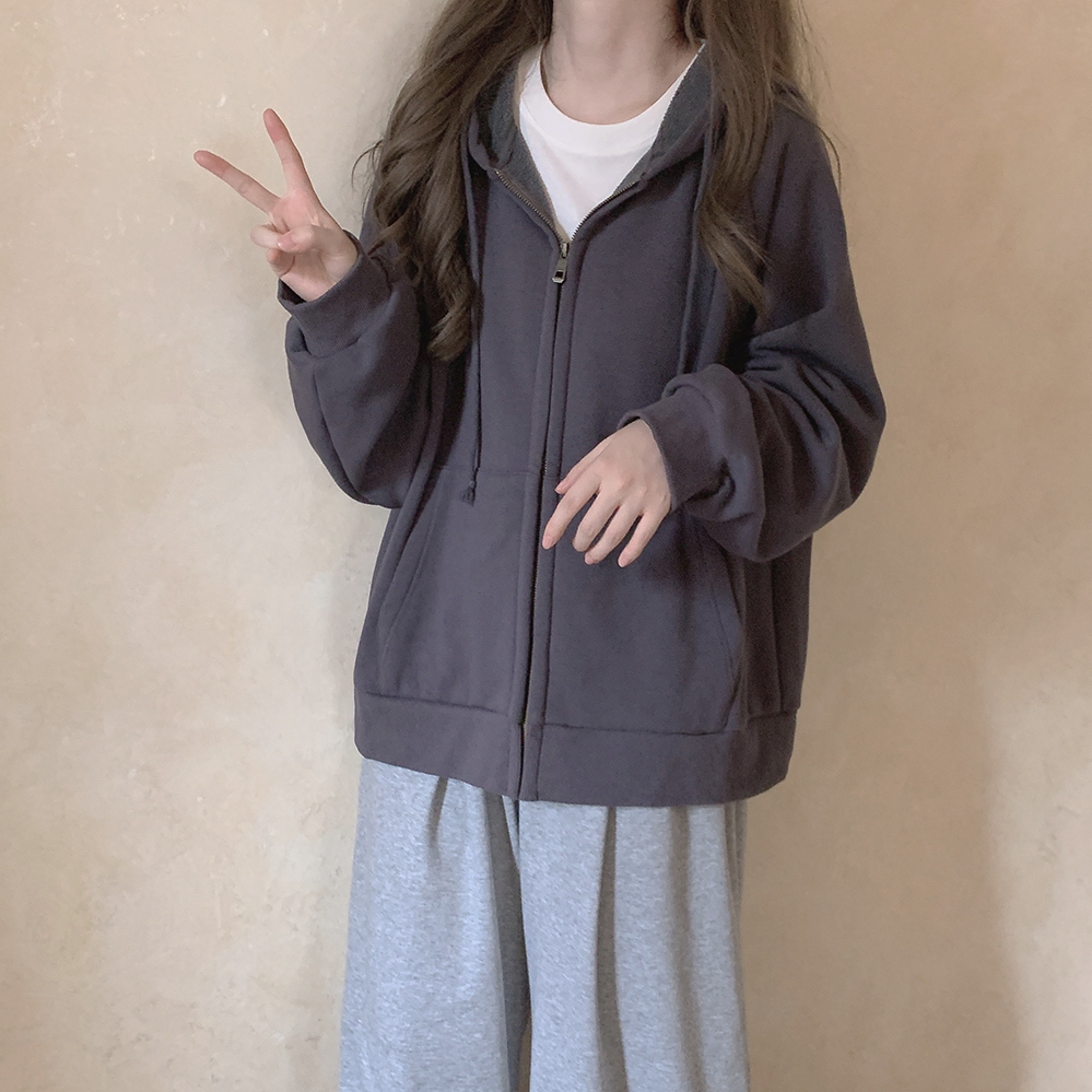 *斜纹摇粒绒 插肩袖 宽松休闲 拉链 连帽 卫衣 外套 炭灰色