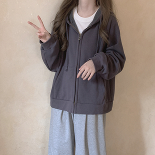*斜纹摇粒绒 插肩袖 宽松休闲 拉链 连帽 卫衣 外套 炭灰色