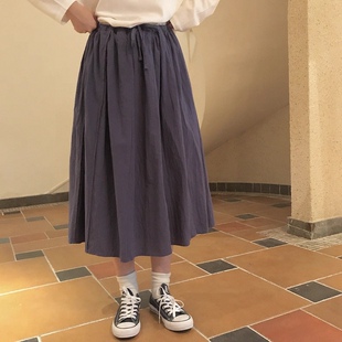 *处理古着感 复古森林系 少女 纯色棉布 皱面纹理 半身裙