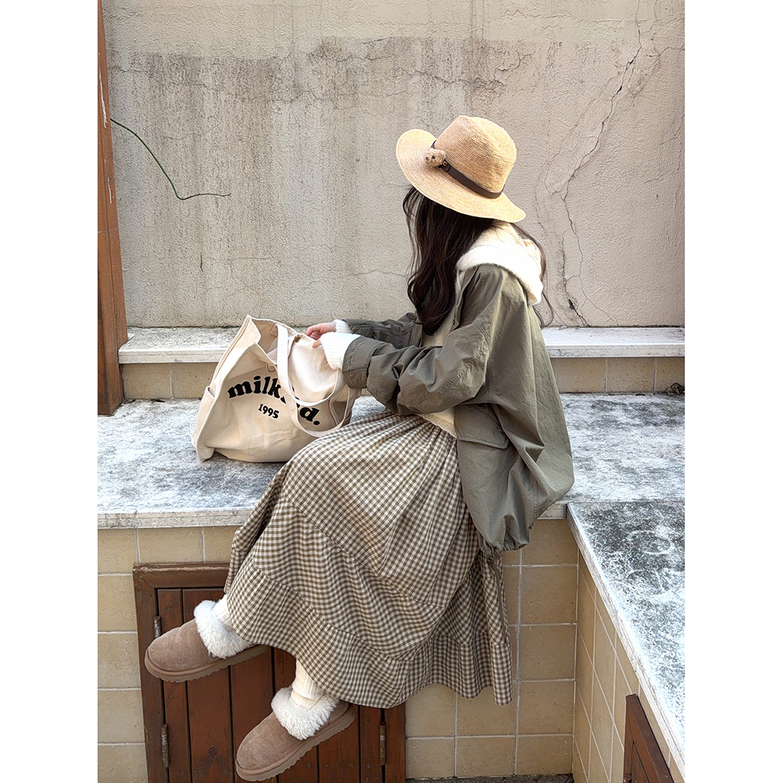 复古森林系 做旧洗水 纯棉格子 拼接 蛋糕裙 长裙