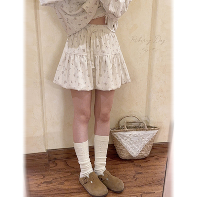*处理 复古碎花 灯芯绒 松紧腰 短裙