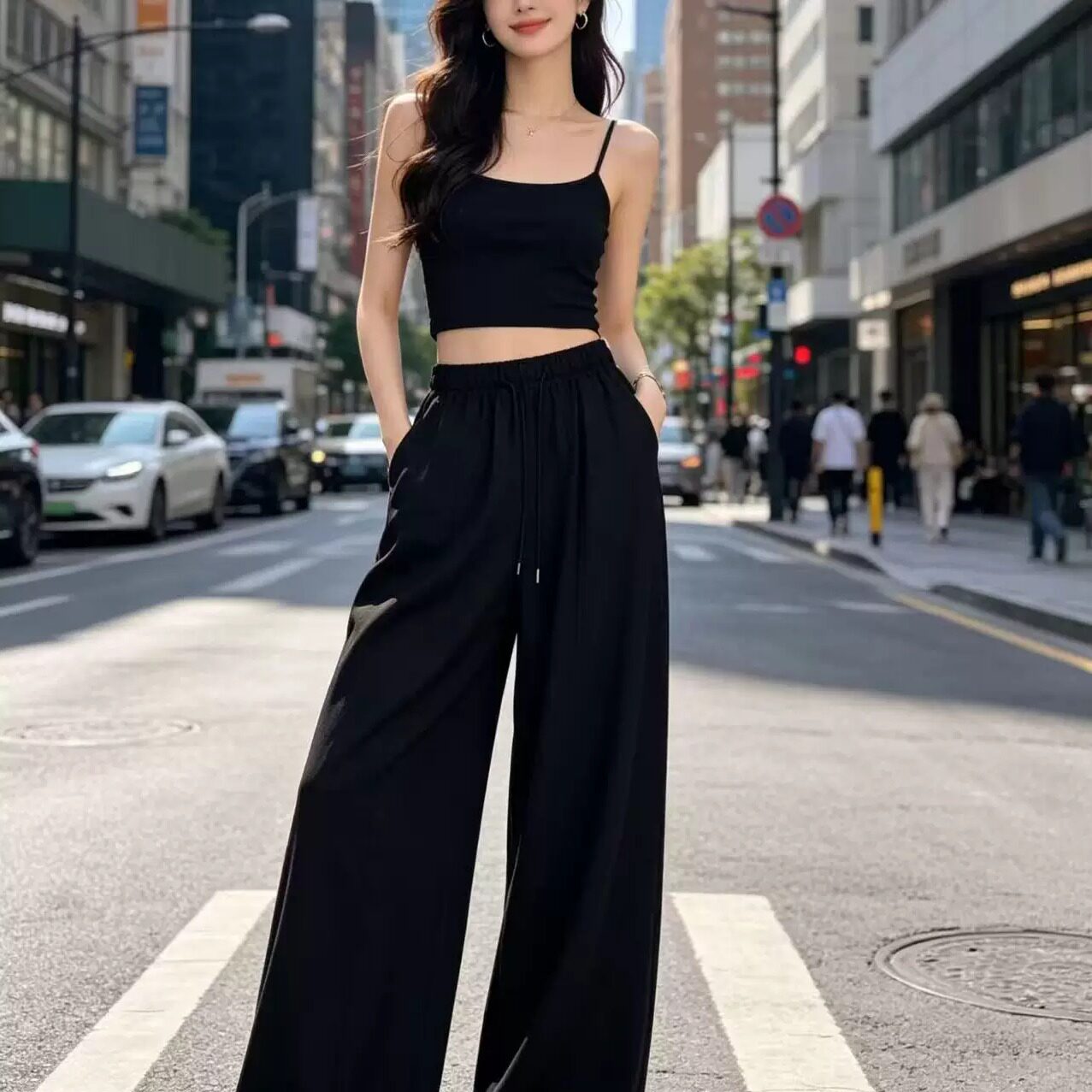 韩式亚麻弯刀裤女黑色夏季松弛