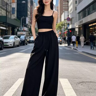 韩式亚麻弯刀裤女黑色松弛慵懒花苞裤夏季休闲裤