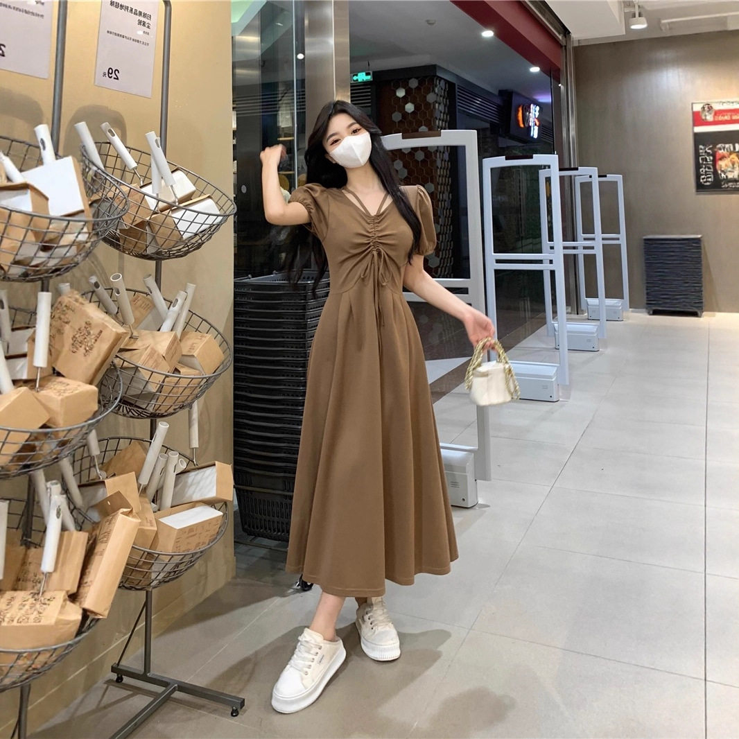 设计感抽绳褶皱连衣裙夏季大码胖mm显瘦法式复古赫本风V领A字裙女