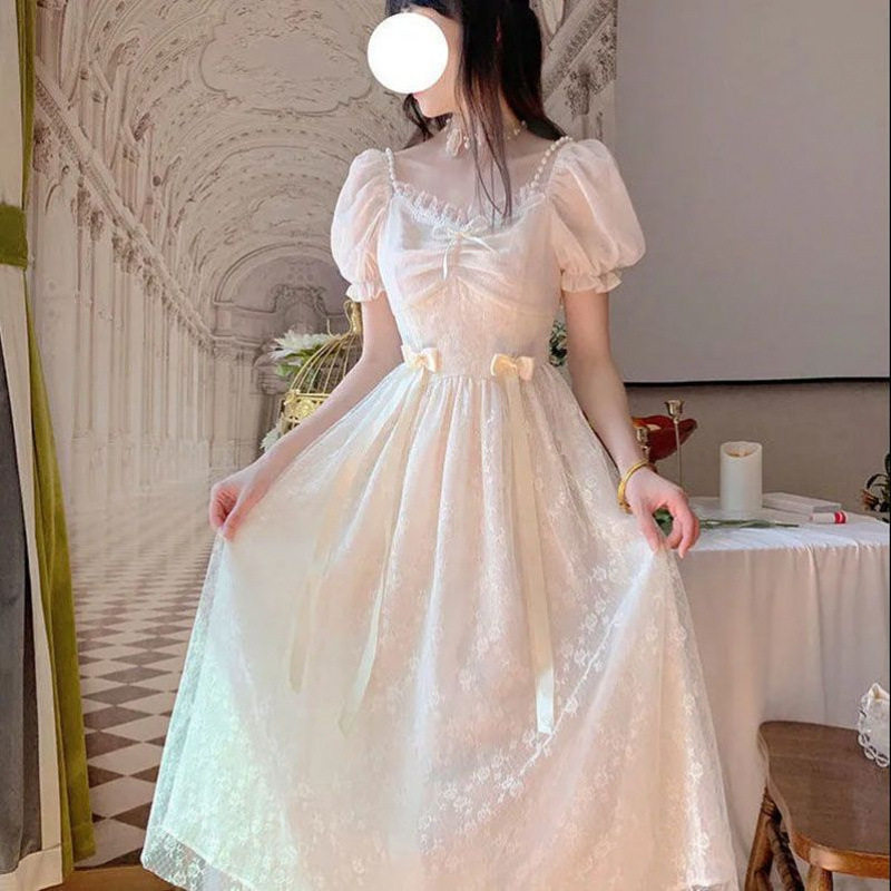 大码女胖mm200斤夏季蝴蝶结泡泡袖蕾丝边法式森系仙女裙连衣裙