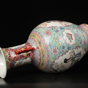 艺术瓷厂粉彩双耳开坛仕女图花瓶 仿古中式家居摆件摆设工艺品
