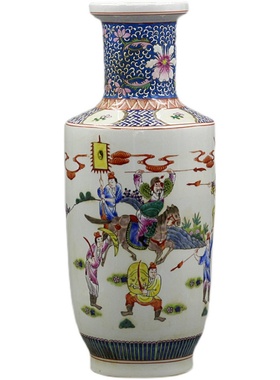 大清康熙手工粉彩人物战将棒槌瓶古董古玩收藏老货旧货家居摆饰