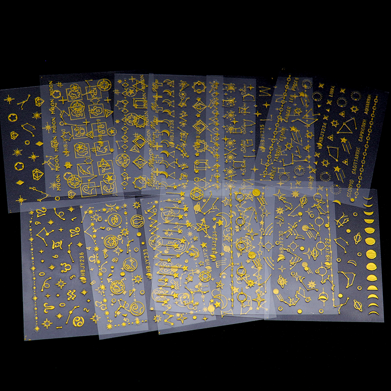 12Pcs/Lot Gold Moon Star 3D Nail Stickers Ultra-thin Adhesiv