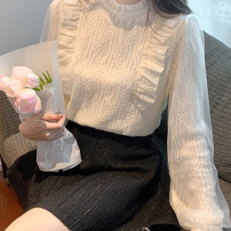 香港TIMO法式复古木耳边立领衬衫女秋冬装网纱长袖蕾丝打底上衣仙