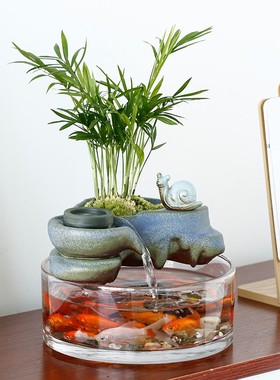 中式招财流水循环水陶瓷摆件水景迷你办公室桌面小型茶桌装饰礼品
