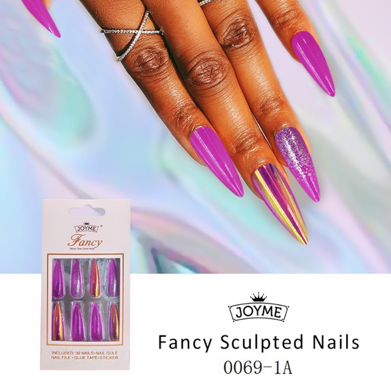 1 Box False Nails with Blue Butterfly Designs Long Coffin