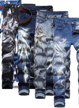 Plus Size Mens Jeans 3D Digital Print Stretch Denim Pants B