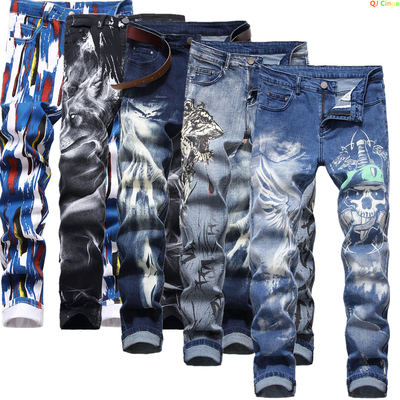 Plus Size Mens Jeans 3D Digital Print Stretch Denim Pants B