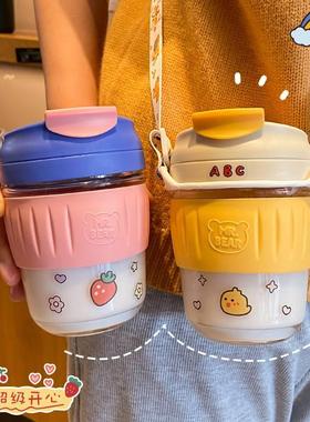 带021新款网2红高杯w065-11颜值玻璃杯子学生吸管咖啡儿童便携牛