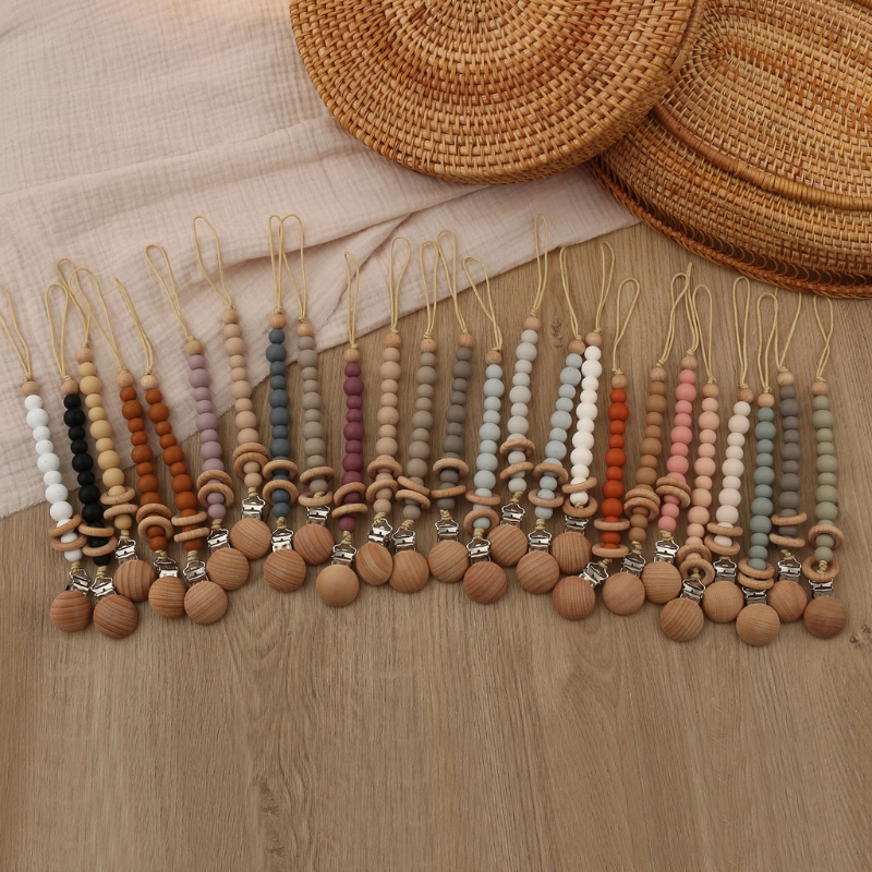 Baby Pacifier Clips Silicone Beads Wooden Ring Pacifier Chai