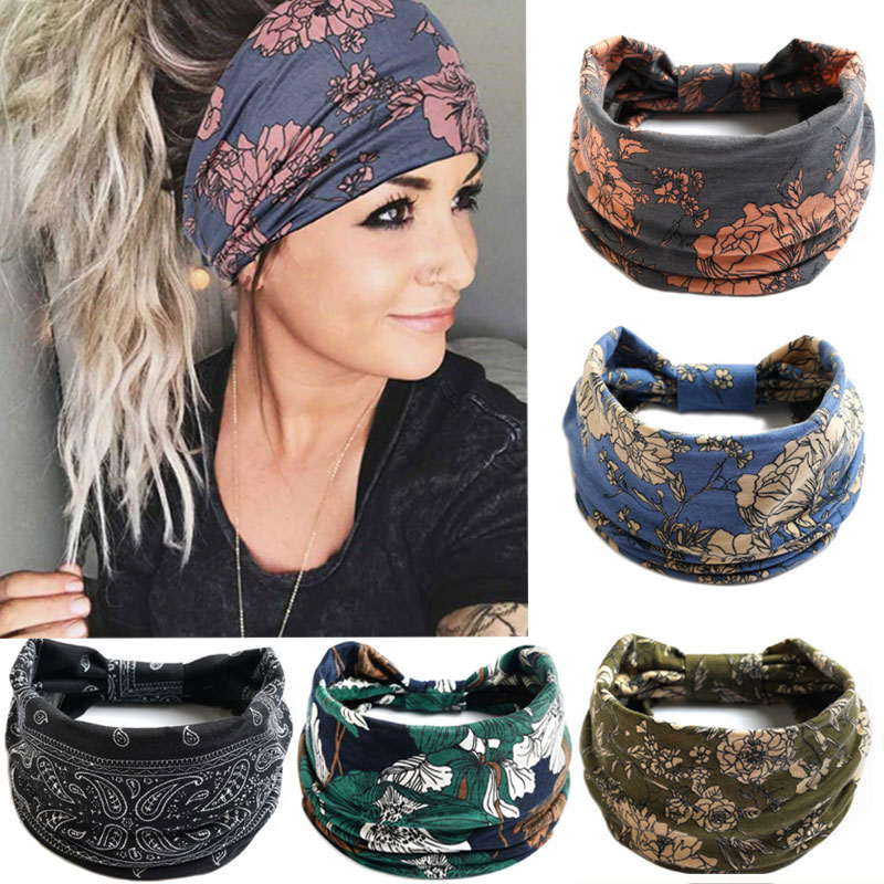 New Boho Flower Print Wide Headbands Vintage Knot Elastic Tu