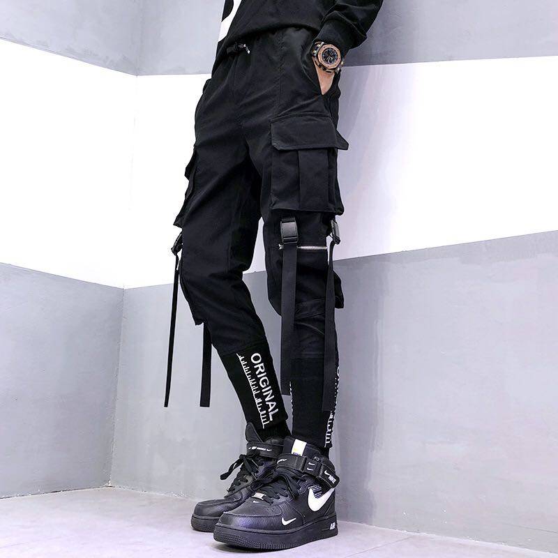 Men Hip Hop Black Cargo Pants joggers Sweatpants Overalls Me