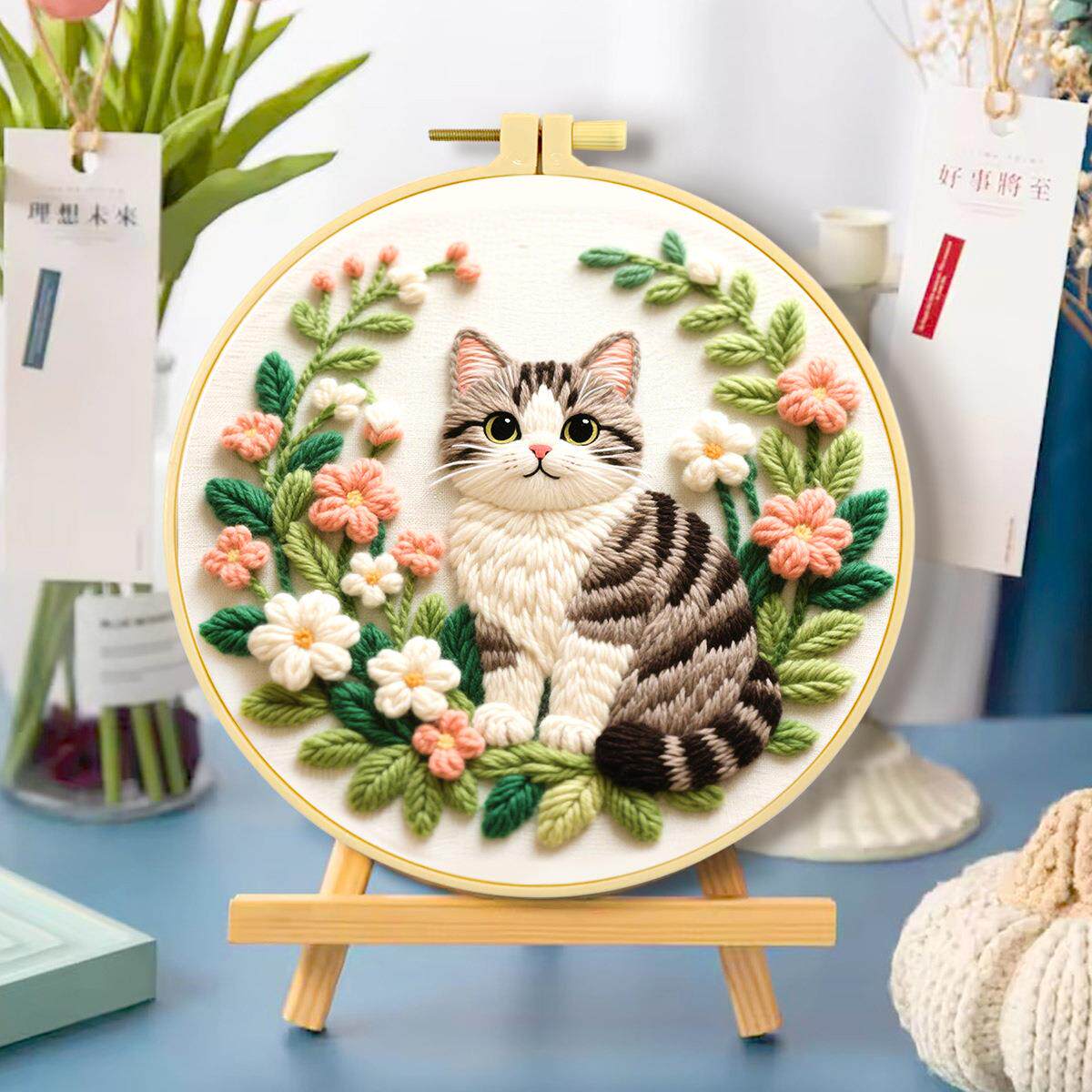 跨境新款刺绣材料包diy自己绣 灰色花猫可爱动物装饰家居手工艺品