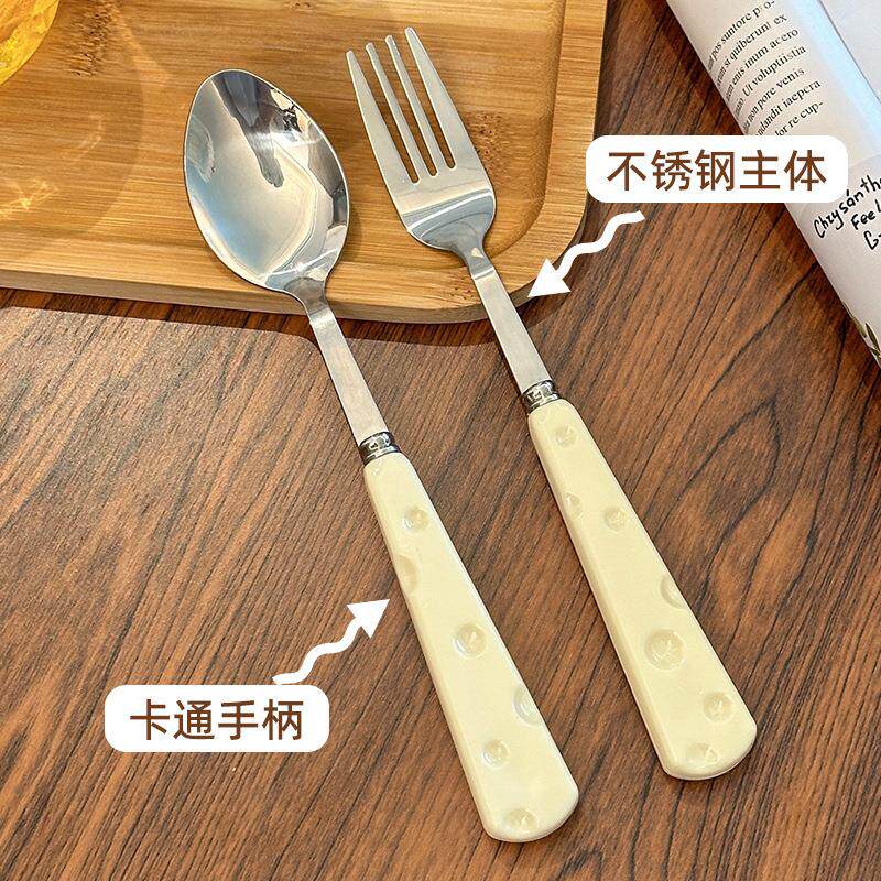 奶酪叉子勺子餐具套装陶瓷柄不锈钢可爱轻奢高级感家用西餐两件套