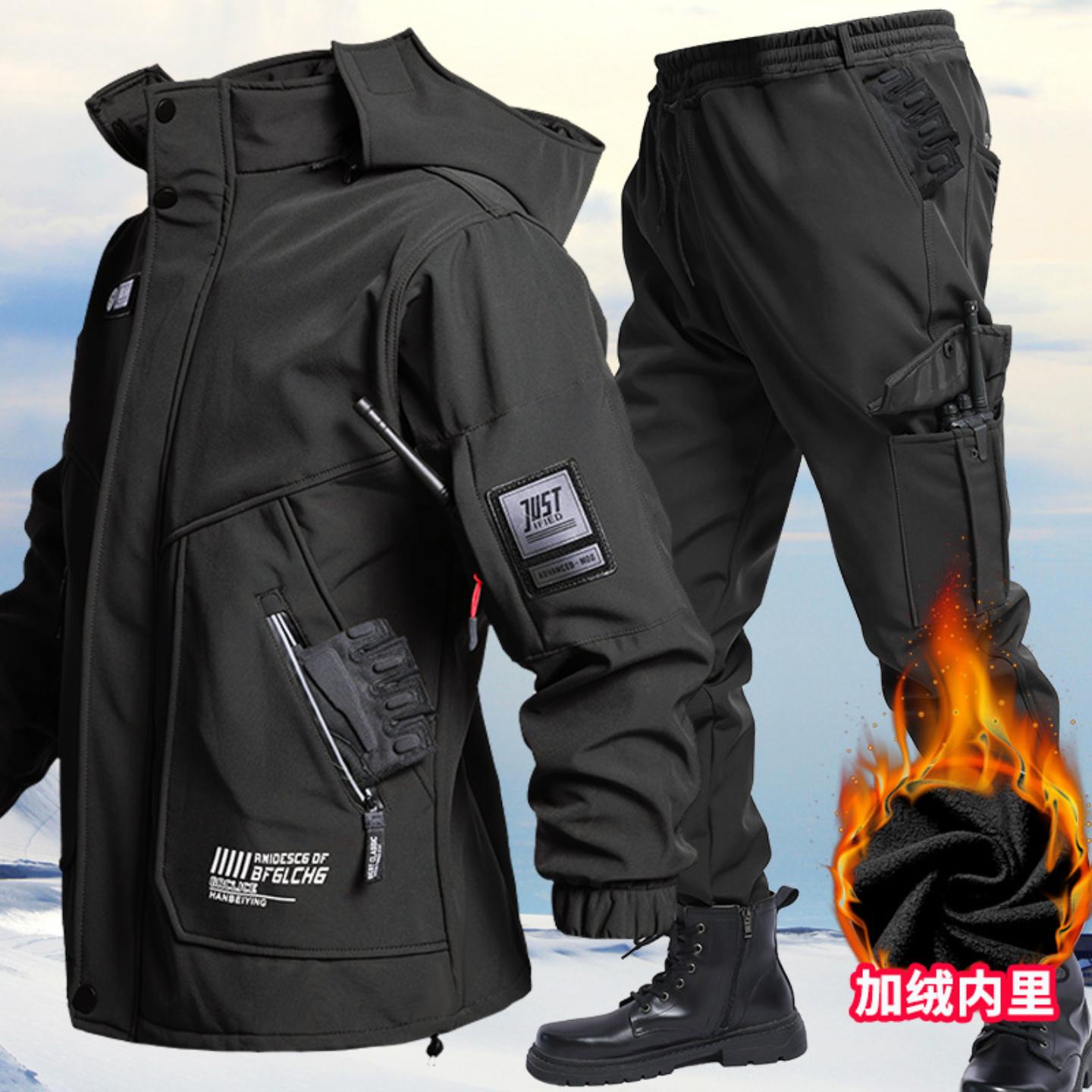 秋冬加绒防水冲锋衣套装软壳登山