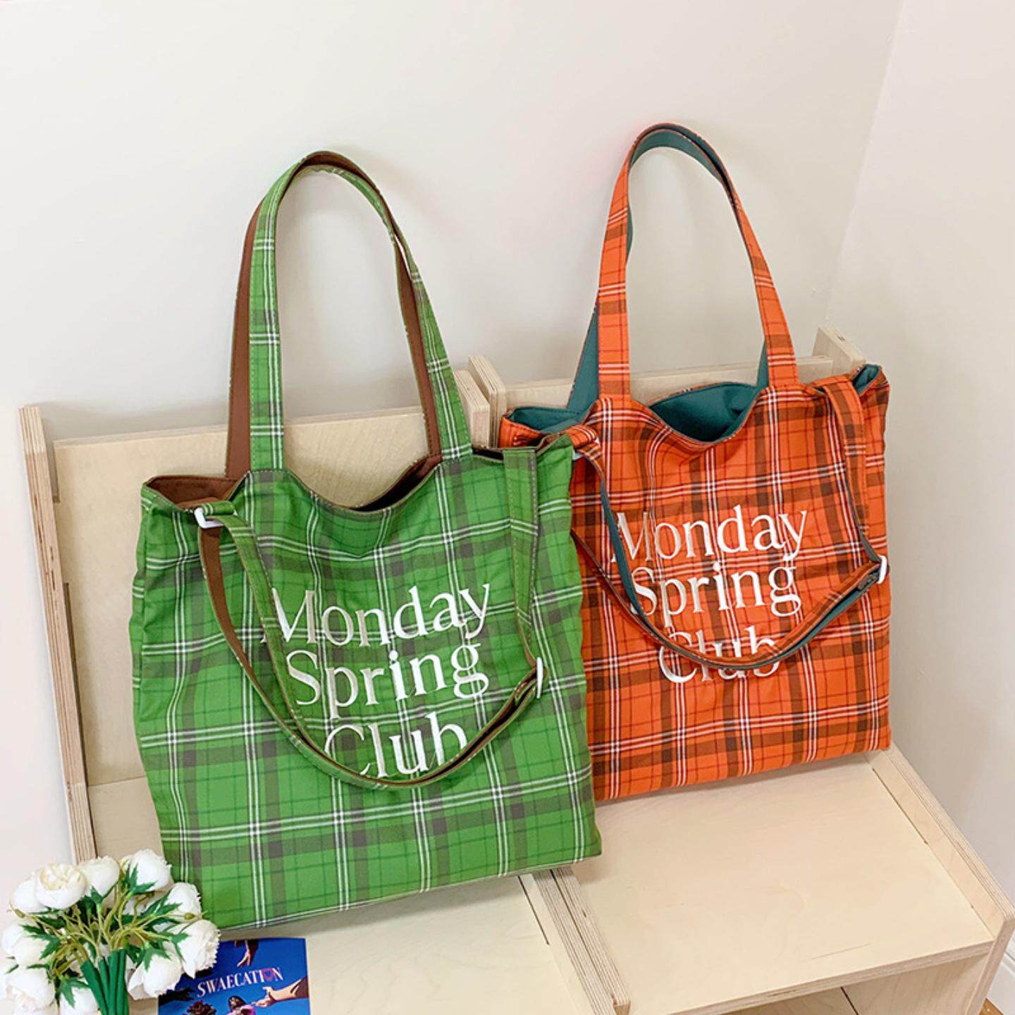 外贸帆布女包韩版时尚格子单肩包轻便大容量托特包学生上课手提包