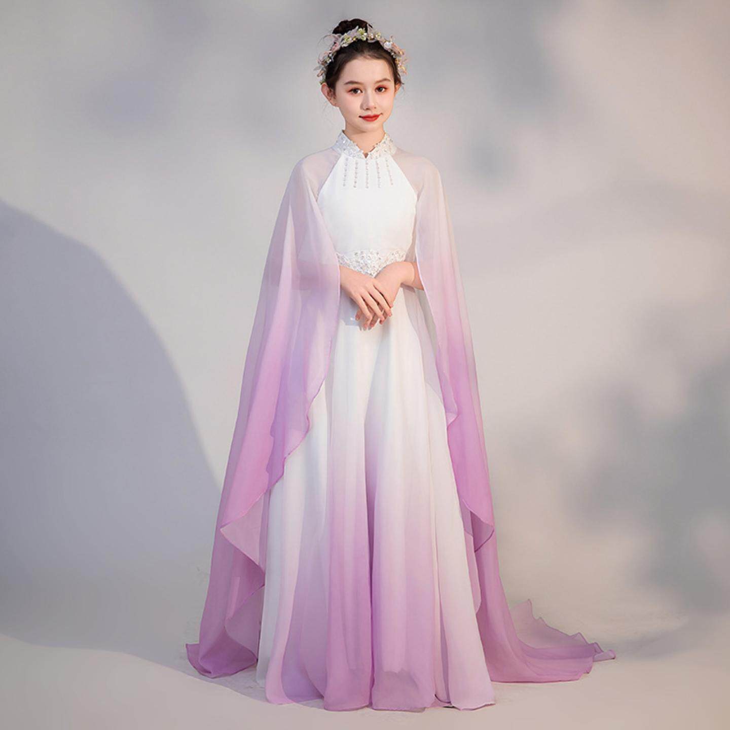 女童古筝演出服中国风渐变披风