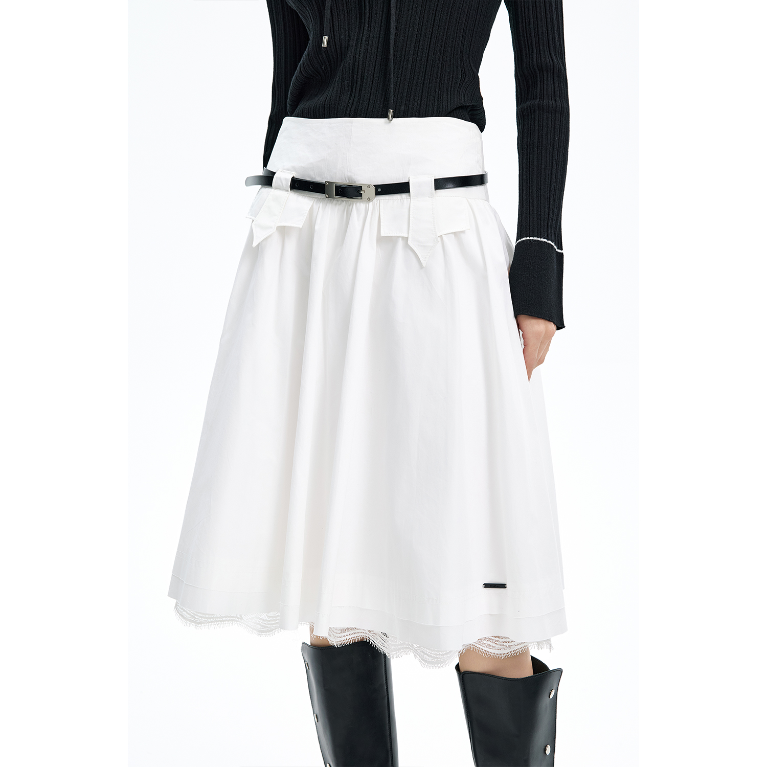 秋季新款白色蕾丝拼接高腰半身裙