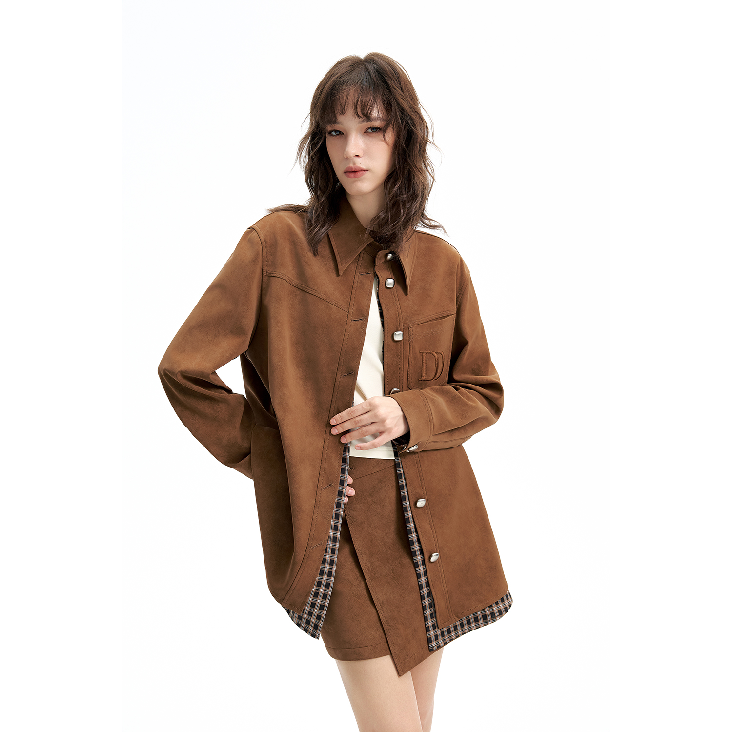 秋季美式复古假两件长袖衬衫女