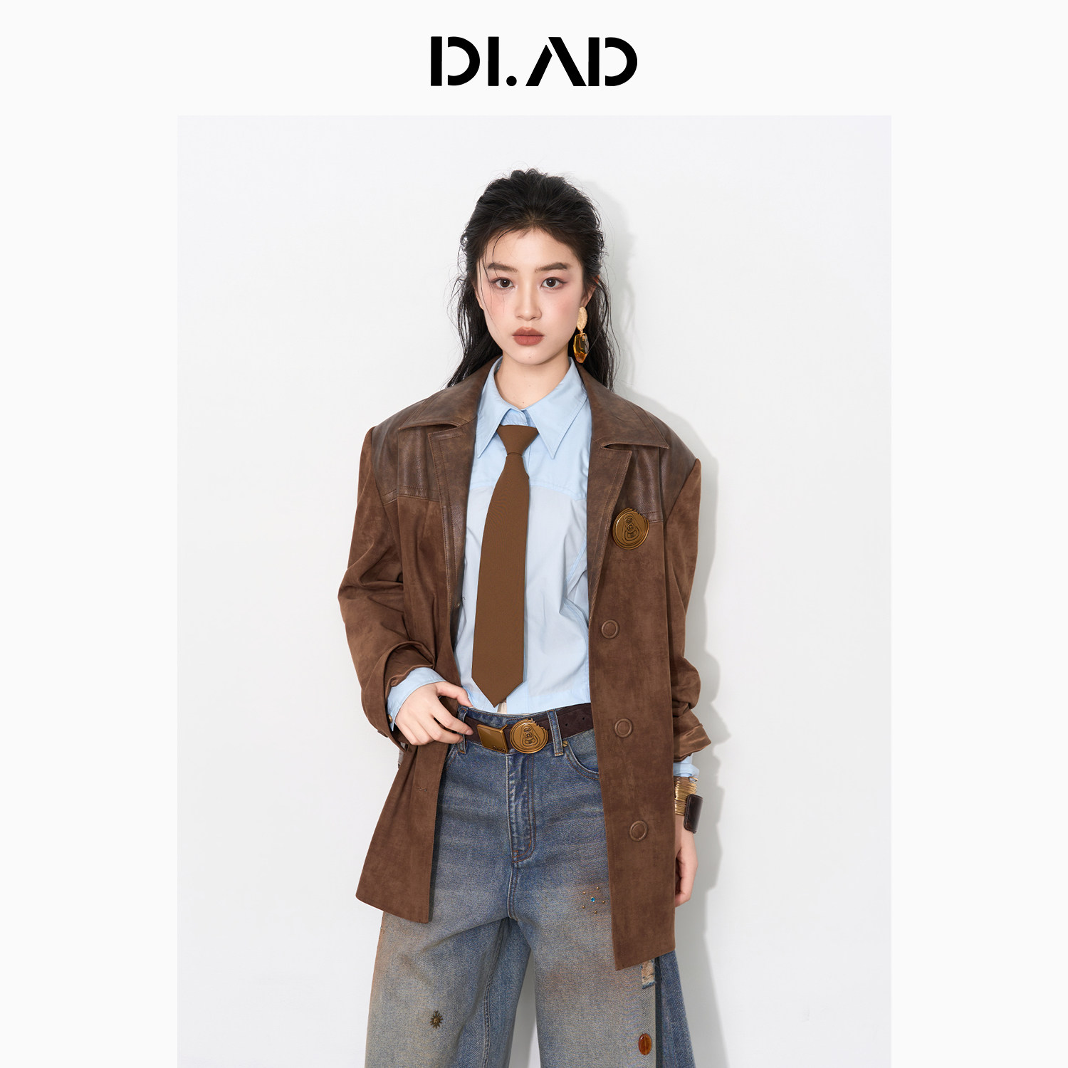 DI.AD秋季西部风复古仿麂皮拼接宽松挺括西装外套女DC653264X0