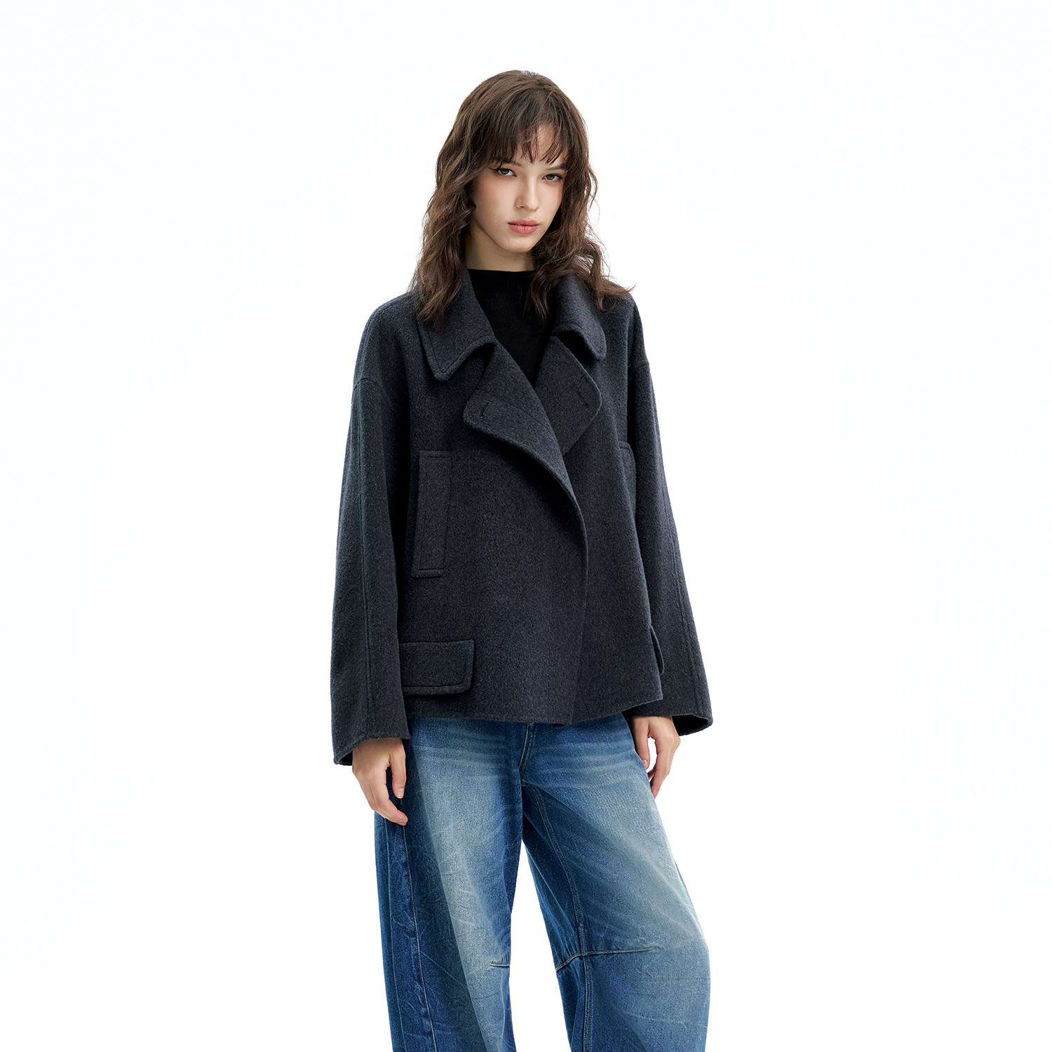 秋冬新款宽松百搭双面呢短外套女