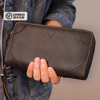 鹿师傅男士真皮手拿包头层牛皮复古长款零钱包多功能收纳卡包手包
